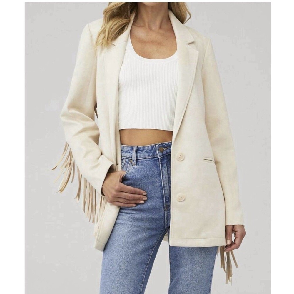 Show Me Your Mumu SMYM Sierra Cream Faux Suede Fringe Jacket Blazer NWT S